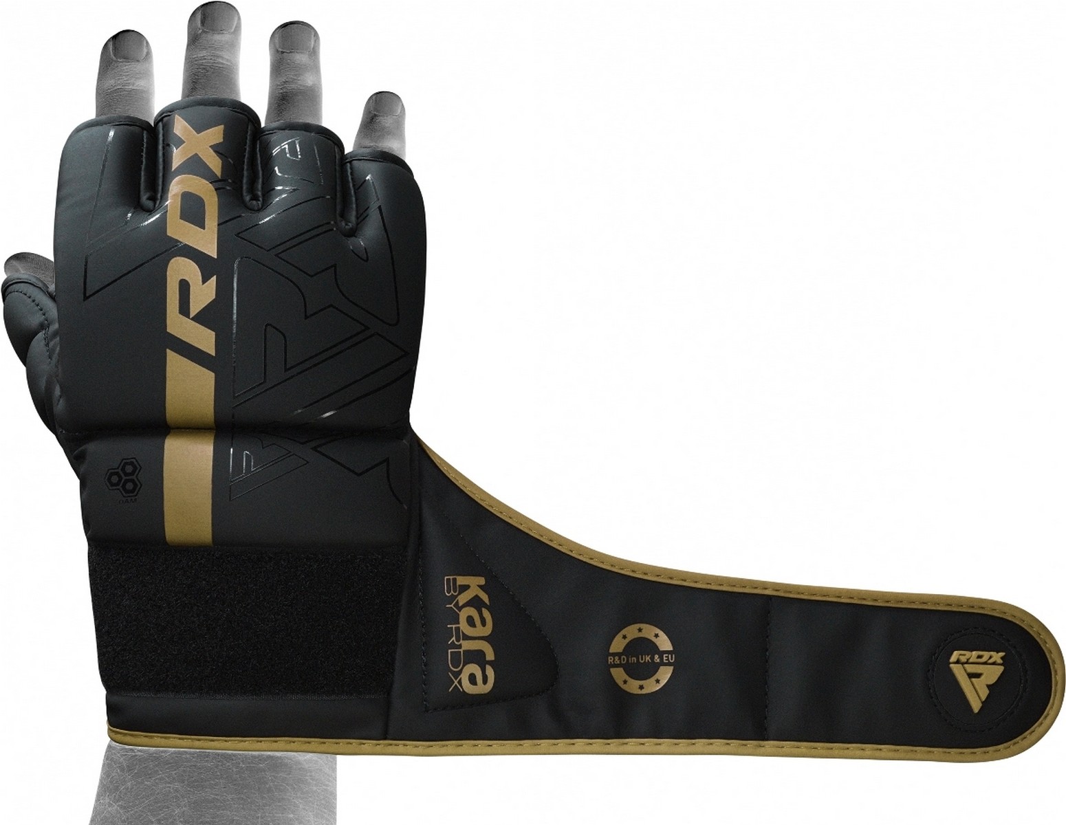 Перчатки тренировочные RDX Grappling F6 GGR-F6MGL черный\золотой матовый 1550_1200