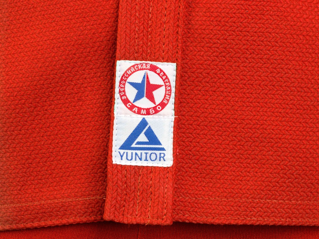 Комплект для Самбо (куртка, шорты трикотаж) плетенный, лицензионный, красный 1067_800